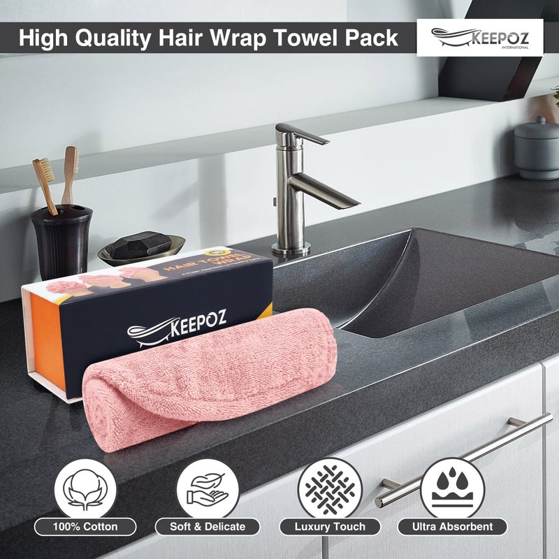 KEEPOZ Zero Twist 100% Cotton Terrycloth Hair Turban, Rapid Drying Towel with Button and Elastic Strap, Anti Frizz Cap for Long Thick Hair (Pink) - Image 4