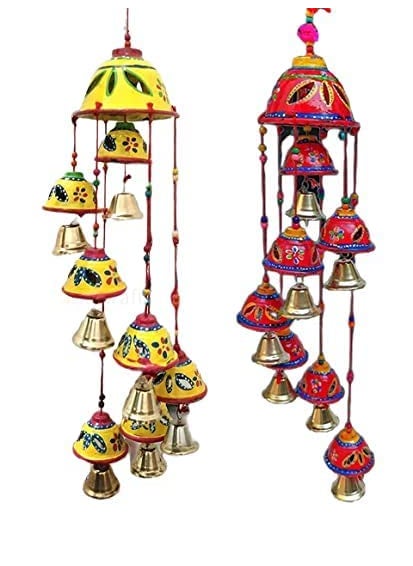 ADITYA IMPEX ADITYA IMPEX Handicraft rajasthane Colored Bells Desing Decorative showpice Wind Chimes for Home Balcony Garden Positive Energy Home Decor Hanging Long Bells 7 BellsSet of 2 Piece Pink Yellow  - Image 1