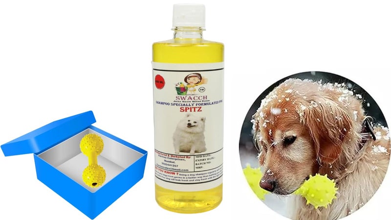 swacch Spitz Dog Shampoo + Dumbbell Toy I Durable Rubber Dog Toy for Chewing I Playing,Teeth Cleaning & Training Toy I Combo Pack I 500ml Lemon - Image 1