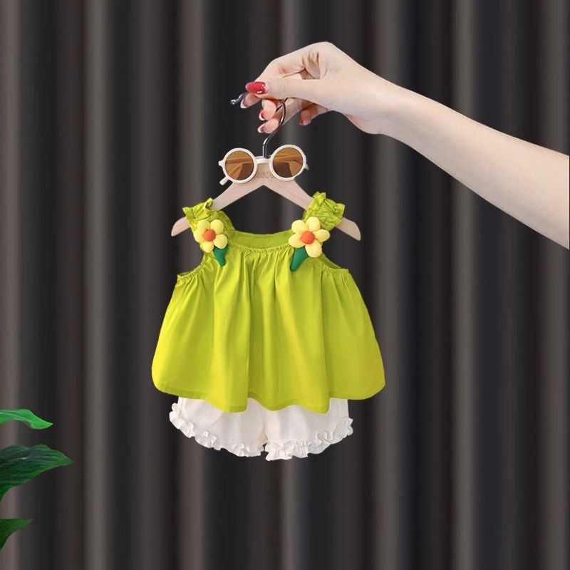 Baby Girl Summer Thin Set, Infant Camisole Shorts Summer Outfit, Dopamine Sleeveless Vest Two-Piece Trendy Set - Image 2
