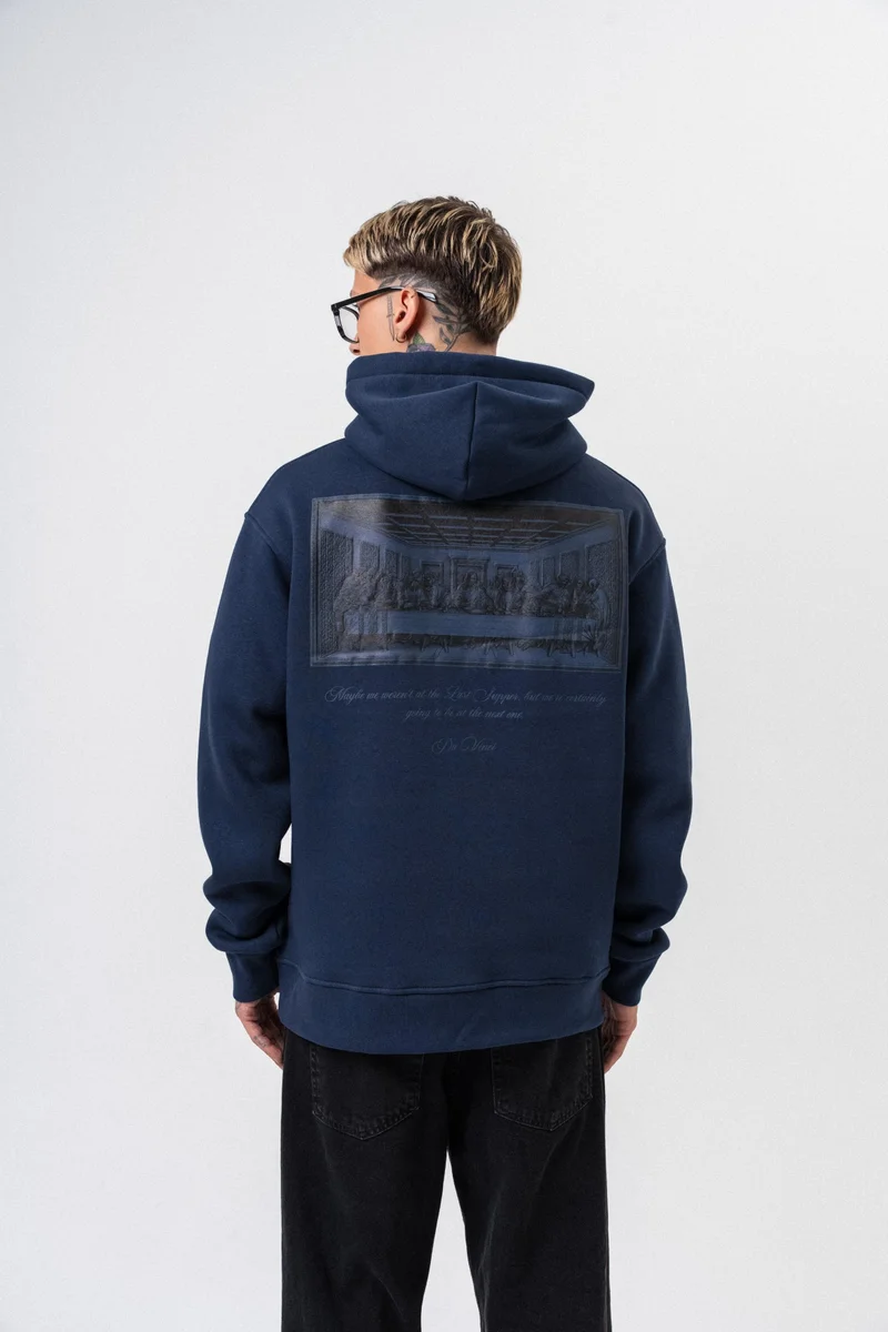 RESPIRE Men's Da Vinci Printed Hooded Oversize Hoodie Navy Blue