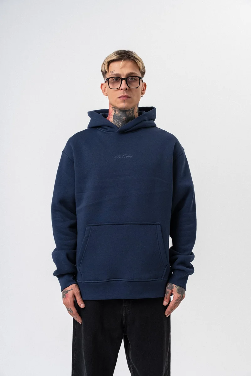 ريسباير هودي رجالي واسع (Oversize) بغطاء رأس مطبوع بعبارة "Da Vinci" لون كحلي