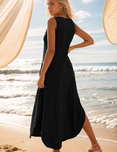 Zilcremo Women's Summer Casual Loose Sundress Long Dress Sleeveless V Neck Split Tshirt Maxi Dresses Black L - Image 4
