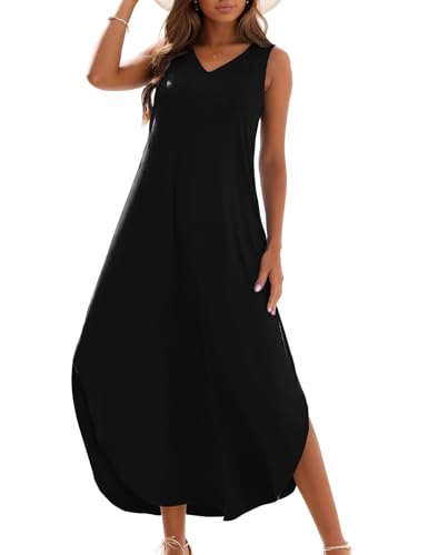 Zilcremo Women's Summer Casual Loose Sundress Long Dress Sleeveless V Neck Split Tshirt Maxi Dresses Black L - Image 1