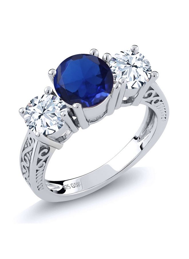 GEM STONE KING 925 Sterling Silver Blue Created Sapphire 3 Stone Engagement Ring For Women (3.17 Cttw Available In Size 5 6 7 8 9)  - Image 1