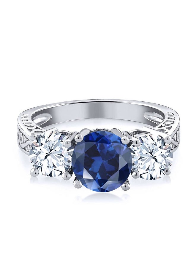 GEM STONE KING 925 Sterling Silver Blue Created Sapphire 3 Stone Engagement Ring For Women (3.17 Cttw Available In Size 5 6 7 8 9)  - Image 3