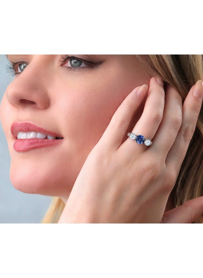 GEM STONE KING 925 Sterling Silver Blue Created Sapphire 3 Stone Engagement Ring For Women (3.17 Cttw Available In Size 5 6 7 8 9)  - Image 5