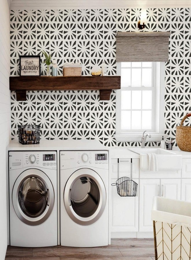 Fiula Peel and Stick Wallpaper Geometric Boho Wallpaper Black Beige Contact Paper 78.7 "x17.3" Self-Adhesive Wallpaper Vintage for Bedroom Waterproof Removable Shelf Liner Decal Vinyl Roll - Image 4