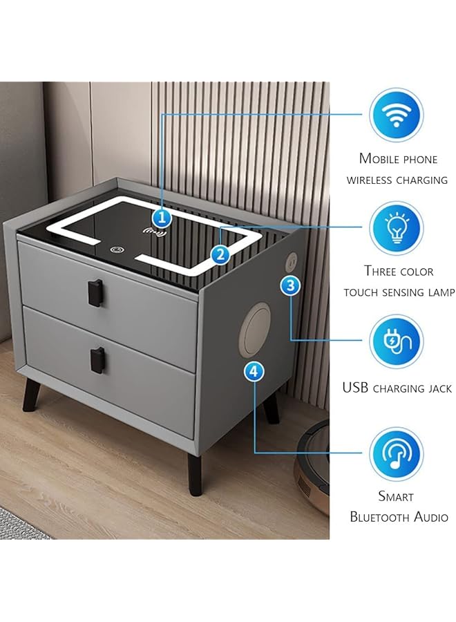 إيروريكس طاولة بجانب السرير الذكية مع محطة شحن لاسلكية، طاولة ليلية حديثة مع إضاءة LED ومنافذ USB لغرفة المعيشة وأثاث جانبي للأريكة باللون الرمادي مع صوت بلوتوث 50 * 40 * 45 سم - Image 3