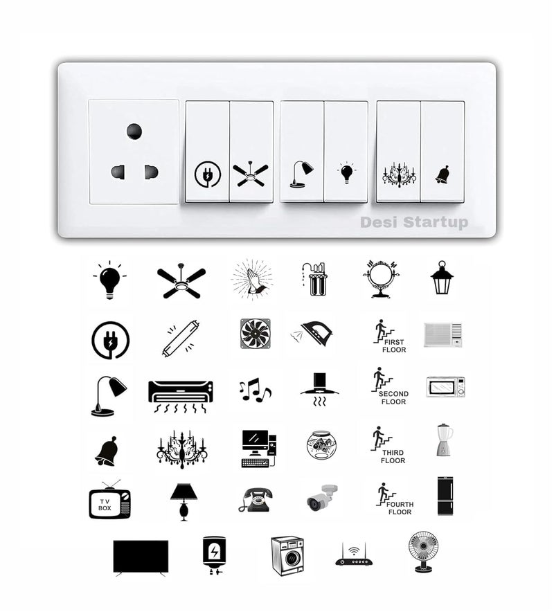 Desi Startup Desi Startup 600 Pcs 35 Designs Switch Board Stickers for Home and Office Switch Identification Stickers Transparent Self Adhesive Stickers for SwitchesLightbulb Fan ACBlack White - Image 1
