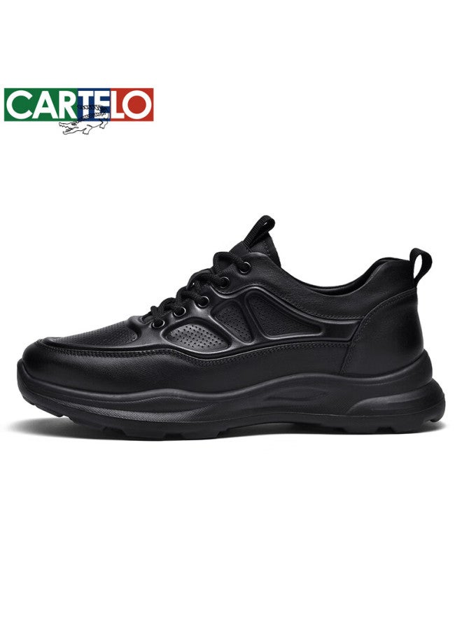Cartelo Men's Leather Shoes, Hollow-out Fashionable Sports Cowhide Men's Shoes, Thick-soled Lace-up Business Casual Shoes, 5713 Black, Size 40 - Image 2