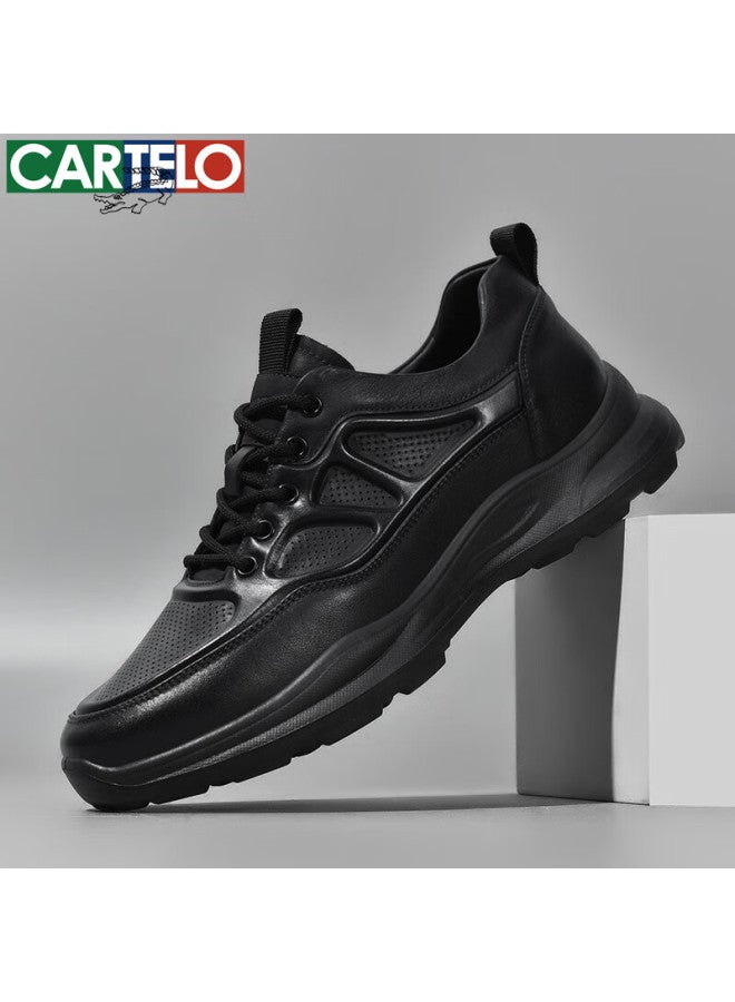 Cartelo Men's Leather Shoes, Hollow-out Fashionable Sports Cowhide Men's Shoes, Thick-soled Lace-up Business Casual Shoes, 5713 Black, Size 40 - Image 1