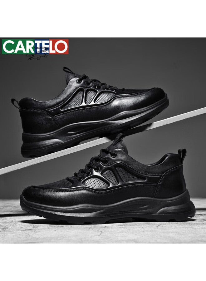 Cartelo Men's Leather Shoes, Hollow-out Fashionable Sports Cowhide Men's Shoes, Thick-soled Lace-up Business Casual Shoes, 5713 Black, Size 40 - Image 5