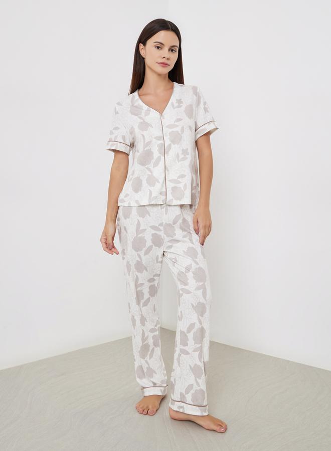 Styli All-Over Print V Neck Top and Long Pyjama Set - Image 1