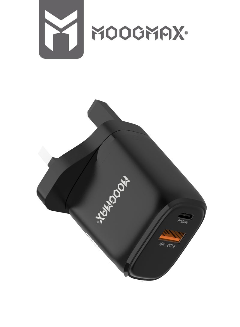 موجماكس شاحن سريع بقدرة 20 وات بمنفذي شحن,  (USB-C) يدعم الشحن السريع PD و (USB-A) يدعم تقنية الشحن السريع QC3.0 - بتقنية حماية من الجهد الزائد وارتفاع الحرارة الزائدة- باللون الأسود - Image 1