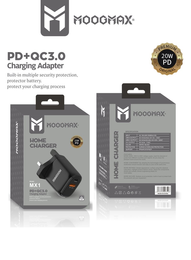موجماكس شاحن سريع بقدرة 20 وات بمنفذي شحن,  (USB-C) يدعم الشحن السريع PD و (USB-A) يدعم تقنية الشحن السريع QC3.0 - بتقنية حماية من الجهد الزائد وارتفاع الحرارة الزائدة- باللون الأسود - Image 3