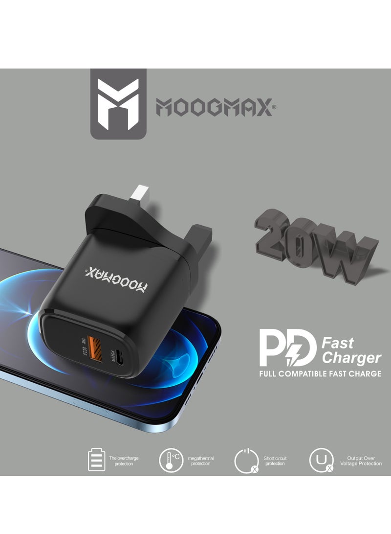 موجماكس شاحن سريع بقدرة 20 وات بمنفذي شحن,  (USB-C) يدعم الشحن السريع PD و (USB-A) يدعم تقنية الشحن السريع QC3.0 - بتقنية حماية من الجهد الزائد وارتفاع الحرارة الزائدة- باللون الأسود - Image 2