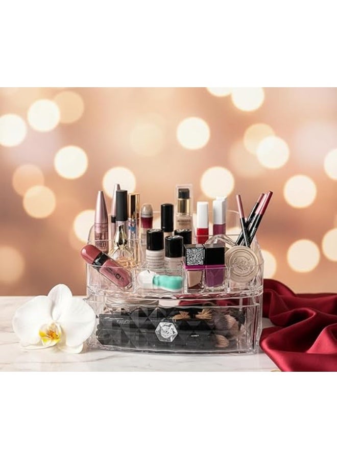 منظم ميكاب الشفاف اكليريك، متعدد الأقسام، والمكياج على التسريحة - علبة شفافة لعرض فرش المكياج واحمر الشفاه لمنتجات التجميل تخزين الحلقان - Image 3