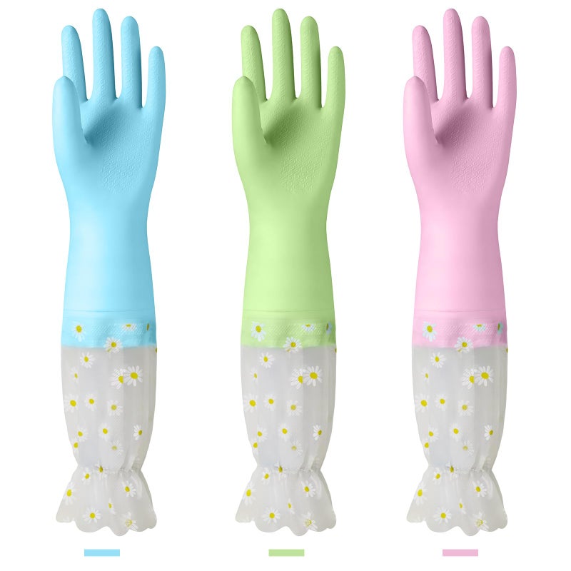 KAQ Dishwashing Cleaning Gloves 3 Pairs-Reusable Cotton Liner Rubber Gloves Long cuff 19.5"" Non-Slip Kitchen Gardening Gloves - Image 1