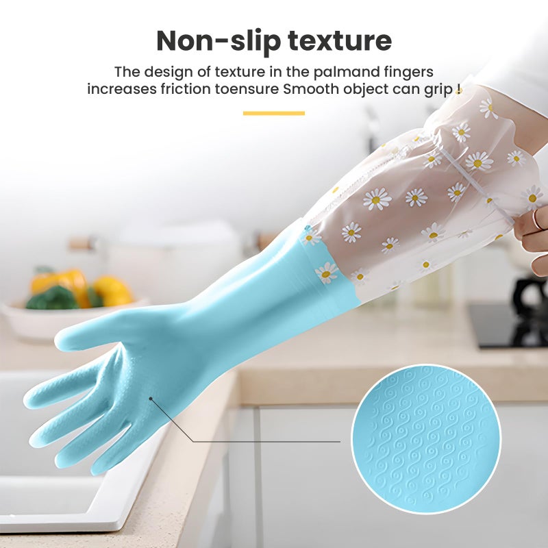 KAQ Dishwashing Cleaning Gloves 3 Pairs-Reusable Cotton Liner Rubber Gloves Long cuff 19.5"" Non-Slip Kitchen Gardening Gloves - Image 4