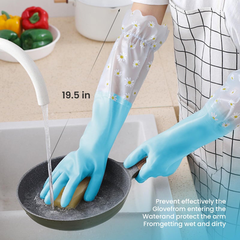 KAQ Dishwashing Cleaning Gloves 3 Pairs-Reusable Cotton Liner Rubber Gloves Long cuff 19.5"" Non-Slip Kitchen Gardening Gloves - Image 2