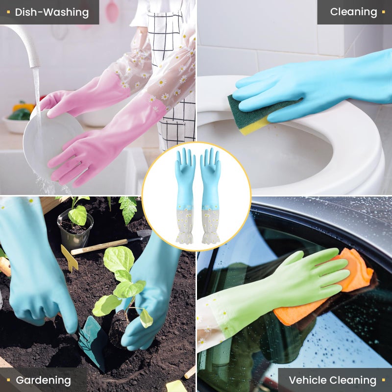 KAQ Dishwashing Cleaning Gloves 3 Pairs-Reusable Cotton Liner Rubber Gloves Long cuff 19.5"" Non-Slip Kitchen Gardening Gloves - Image 5