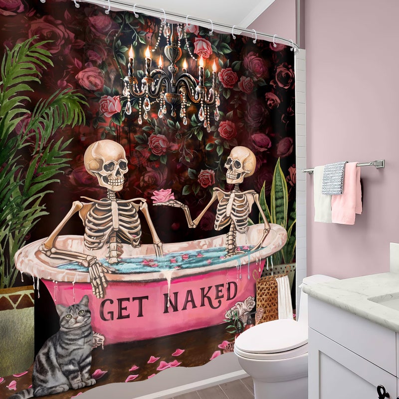 Mitpok Halloween Gothic Skull Skeleton Shower Curtain Vintage Romantic Funny Spooky Black Rose Retro Floral Flower Plant Unique Bathroom Decor 60Wx72H Bath Curtain Fabric Polyester 12 Pack Hooks - Image 4