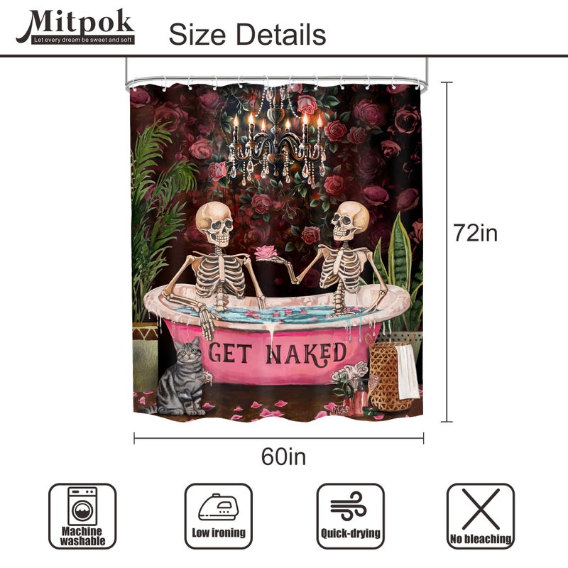 Mitpok Halloween Gothic Skull Skeleton Shower Curtain Vintage Romantic Funny Spooky Black Rose Retro Floral Flower Plant Unique Bathroom Decor 60Wx72H Bath Curtain Fabric Polyester 12 Pack Hooks - Image 5