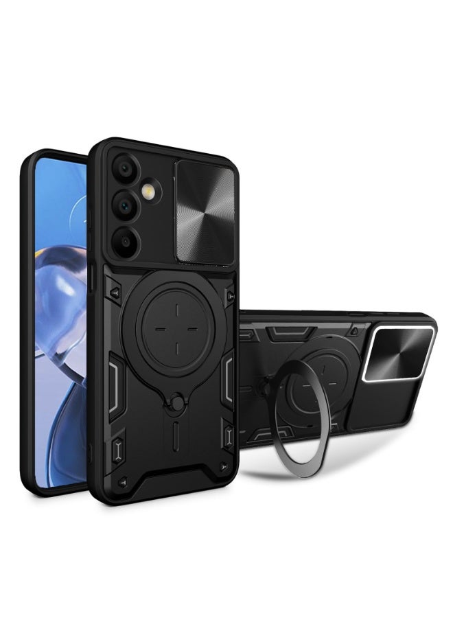 جراب حمايه مقاوم للصدمات وحمايه للكاميرا مزود بدبله معدنيه سي دي متوافق مع Samsung Galaxy A17  (اسود) - Image 1