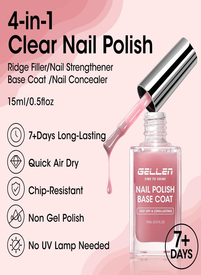 Gellen 4‑in‑1 Clear Nail Polish Base Coat Sheer Tinted Pink, Ridge Filler, Nail Strengthener& Concealer, Calcium Formula Strengthens Nails, Natural Color Enhances Natural Look, No HEMA, Anti-yellowing - Image 2