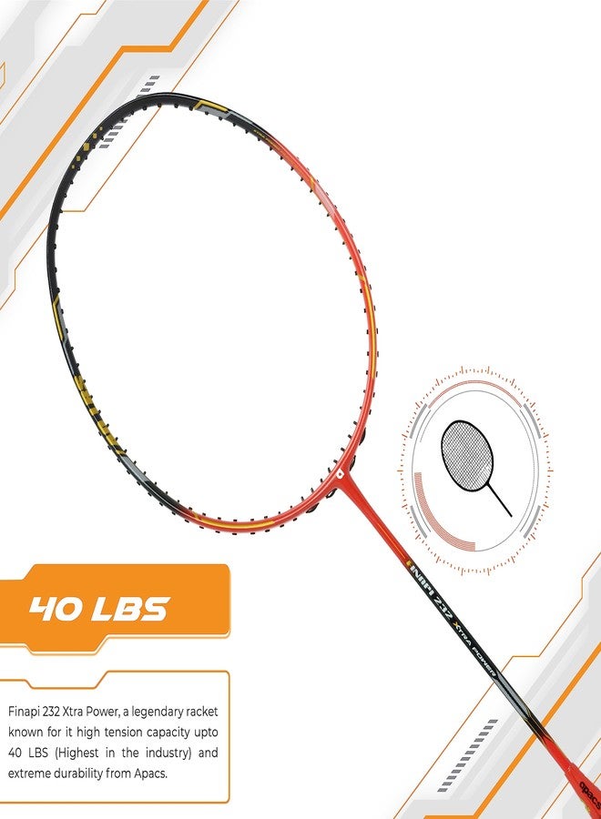 أباك مضرب تنس الريشة الاحترافي فائق القوة Apacs Finapi 232 Xtra Power (40 رطلاً، 100% جرافيت ياباني فائق الجودة) بدون أوتار مع غطاء كامل مجاني (أسود أحمر) - Image 3