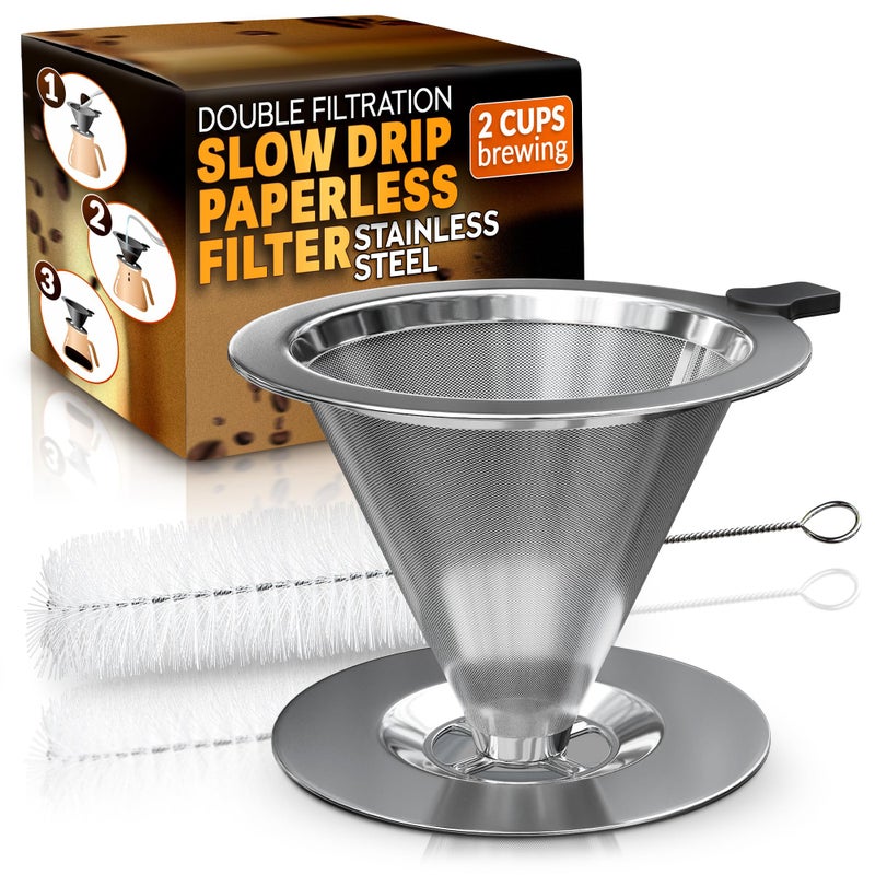 KETAR Pour Over Coffee Dripper - 3.18x4.48" Stainless Steel Pour Over Coffee Maker with Large Plastic Handle, Wide Secure Base and a Brush for Cleaning - Ensures Well-Balanced and Reach Tea Infuser - Image 1