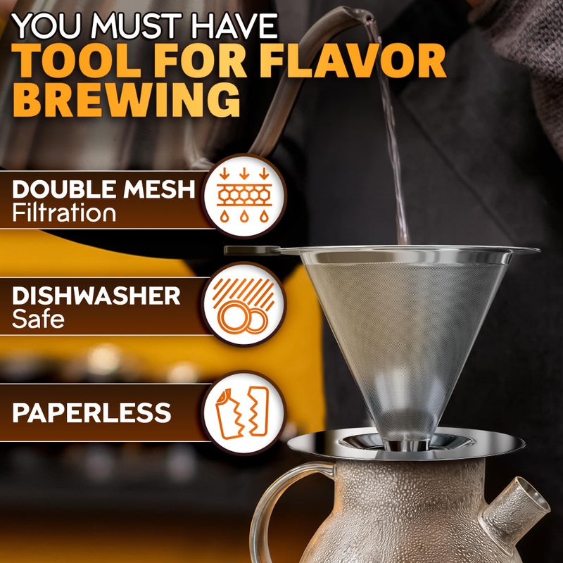 KETAR Pour Over Coffee Dripper - 3.18x4.48" Stainless Steel Pour Over Coffee Maker with Large Plastic Handle, Wide Secure Base and a Brush for Cleaning - Ensures Well-Balanced and Reach Tea Infuser - Image 4