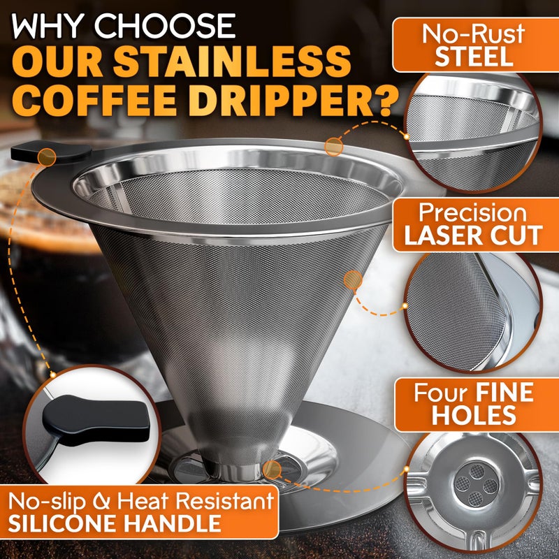 KETAR Pour Over Coffee Dripper - 3.18x4.48" Stainless Steel Pour Over Coffee Maker with Large Plastic Handle, Wide Secure Base and a Brush for Cleaning - Ensures Well-Balanced and Reach Tea Infuser - Image 5