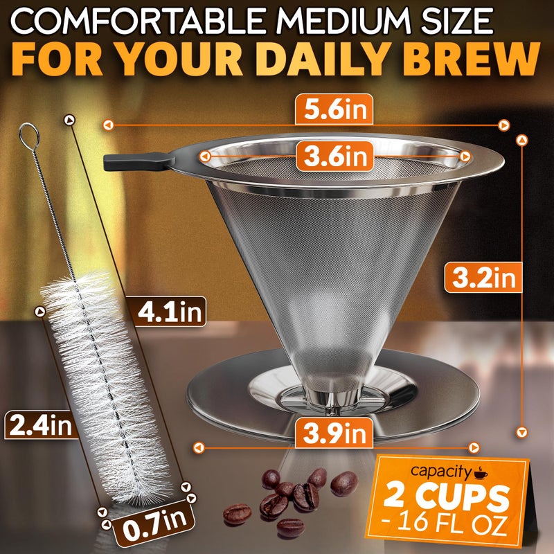 KETAR Pour Over Coffee Dripper - 3.18x4.48" Stainless Steel Pour Over Coffee Maker with Large Plastic Handle, Wide Secure Base and a Brush for Cleaning - Ensures Well-Balanced and Reach Tea Infuser - Image 3