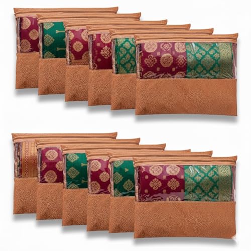 HOMIFLY 12 Pcs Non Woven Saree Covers for Storage/Saree Organizer for Wardrobe with Zip & Transparent Window/Saree Bags for Storage/Holds 2 to 3 Sarees Each (14x17 Inch, Orange) - Image 1