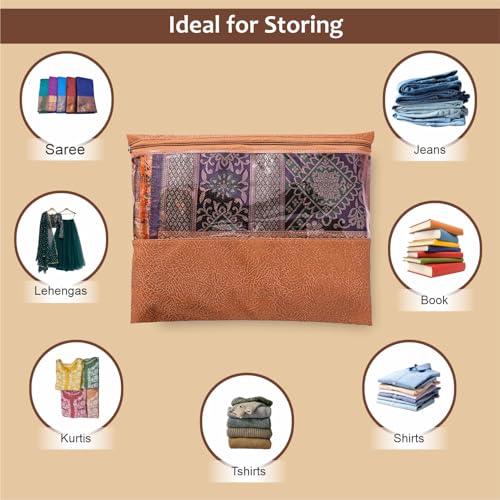 HOMIFLY 12 Pcs Non Woven Saree Covers for Storage/Saree Organizer for Wardrobe with Zip & Transparent Window/Saree Bags for Storage/Holds 2 to 3 Sarees Each (14x17 Inch, Orange) - Image 3