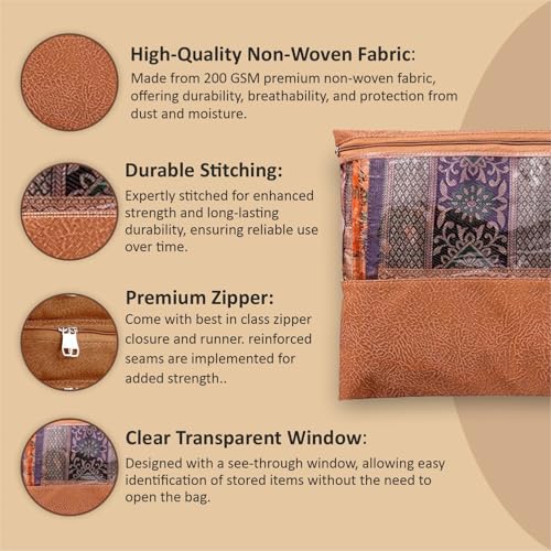HOMIFLY 12 Pcs Non Woven Saree Covers for Storage/Saree Organizer for Wardrobe with Zip & Transparent Window/Saree Bags for Storage/Holds 2 to 3 Sarees Each (14x17 Inch, Orange) - Image 5