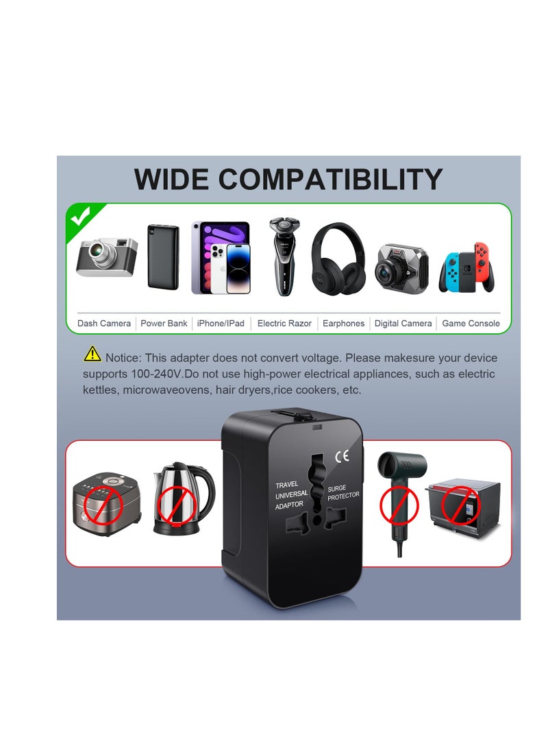 محول سفر عالمي عالمي، محول طاقة محمول (أسود) مقابس كهربائية عالمية لأوروبا، المملكة المتحدة، الولايات المتحدة، أستراليا، آسيا - أسود، محول دولي بمنفذ USB 1 و USB 2 - Image 5