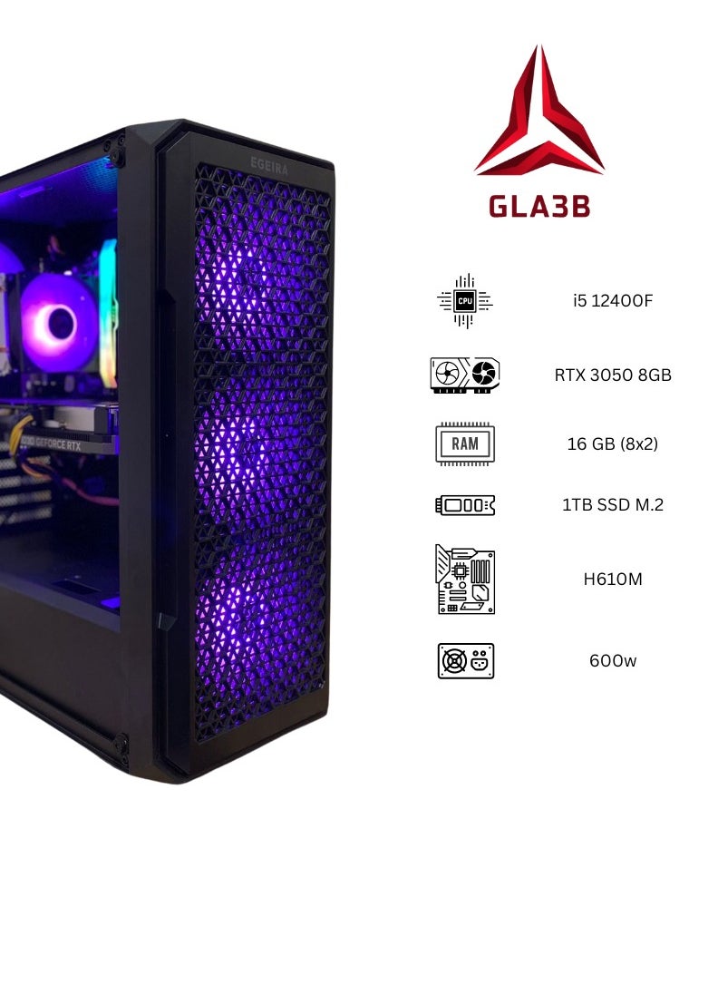 قلاعب - كمبيوتر العاب GLA3B ثيتا باداء متوسط مع وحدة معالجة مركزية انتل كور i5 12400F ووحدة الرسومات الجرافيكية انفيديا جيفورس RTX 3050 8GB و H610M  وذاكرة RAM 16GB وتخزين M.2 1TB امداد طاقة 600 واط - Image 1