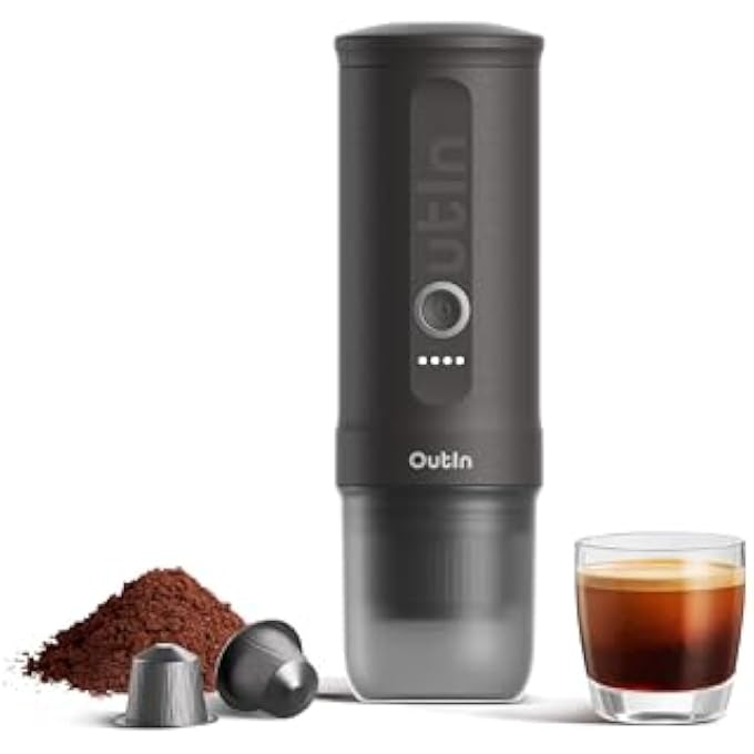 Outin Nano Portable Electric Espresso Machine With 34 Min SelfHeating 20 Bar Mini Small 12V 24V Car Coffee Maker Compatible With Ns Capsule  Ground Coffee Space Grey - Image 1