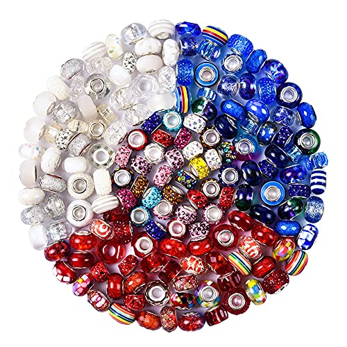 Aipridy Assortment European Large Hole Beads Spacer Beads Rhinestone Craft Beads for DIY Charms Bracelet Jewelry Making BlueRedWhite