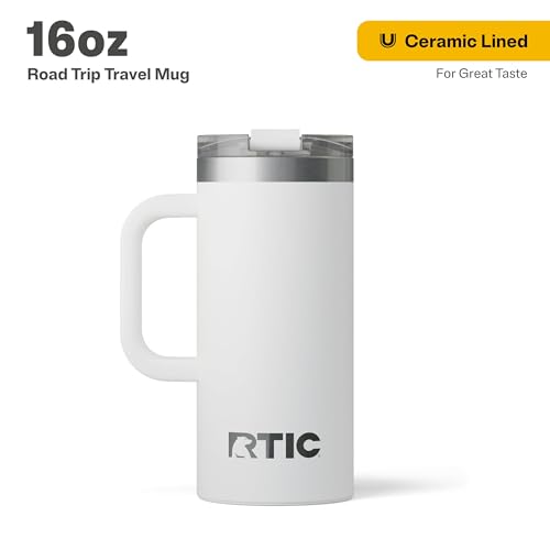RTIC 16oz Road Trip Travel Mug with Lid and Handle Ceramic Lined Insulated Stainless Steel Metal Double Wall VacuumInsulation Portable Coffee Tea Cup for Hot and Cold Drink White - Image 3
