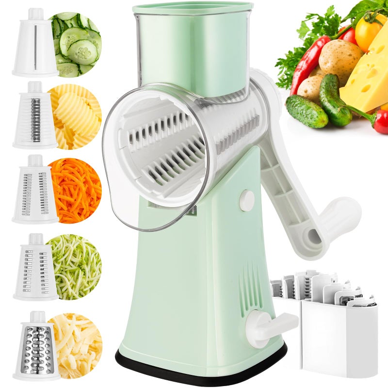 VEKAYA Rotary Cheese Grater 5 in 1 Cheese Grater with Handle Replaceable Stainless Blades Cheese Shredder Cheese Vegetable Slicer Easy to Clean Kitchen Gadgets with Storage Box