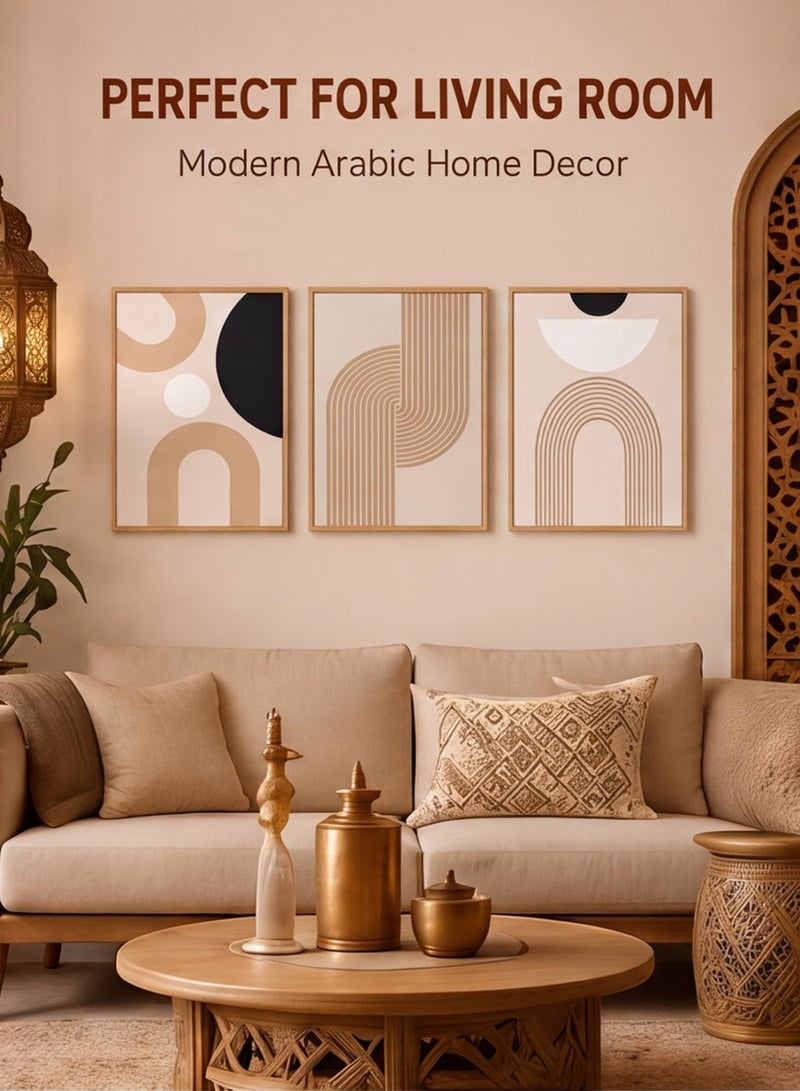 Three sheep 3PCS Boho Canvas Wall Art with Wooden Frame 30x40cm, Abstract Beige Geometric Wall Decor, Modern Minimalist Paintings for Living Room Bedroom Home Decor - Image 3