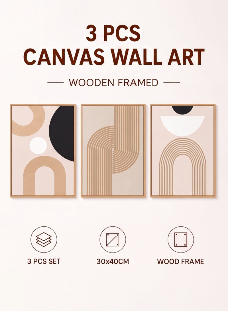Three sheep 3PCS Boho Canvas Wall Art with Wooden Frame 30x40cm, Abstract Beige Geometric Wall Decor, Modern Minimalist Paintings for Living Room Bedroom Home Decor - Image 1