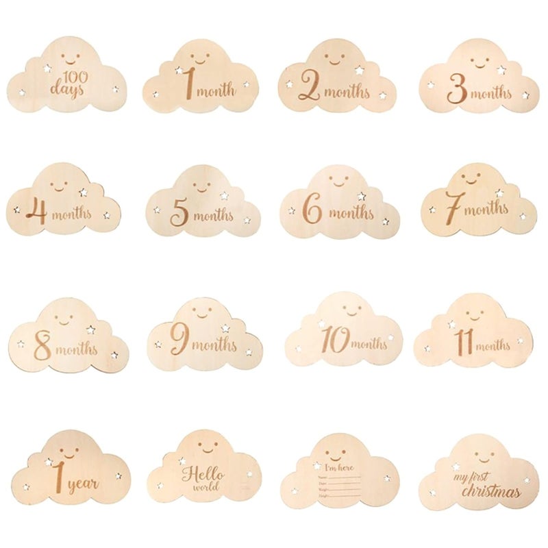 CheeseandU 8Pcs Wooden Milestone Cloud Signs Wooden Monthly Milestone Photo Cards Baby Growth Cards Pregnancy Journey Milestone Markers for Baby Shower  Photo Props Cloud Cards - Image 1