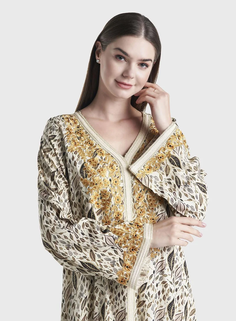 KASHKHA Rayon Leaf Print Embroidered Jalabiya (VG2328)