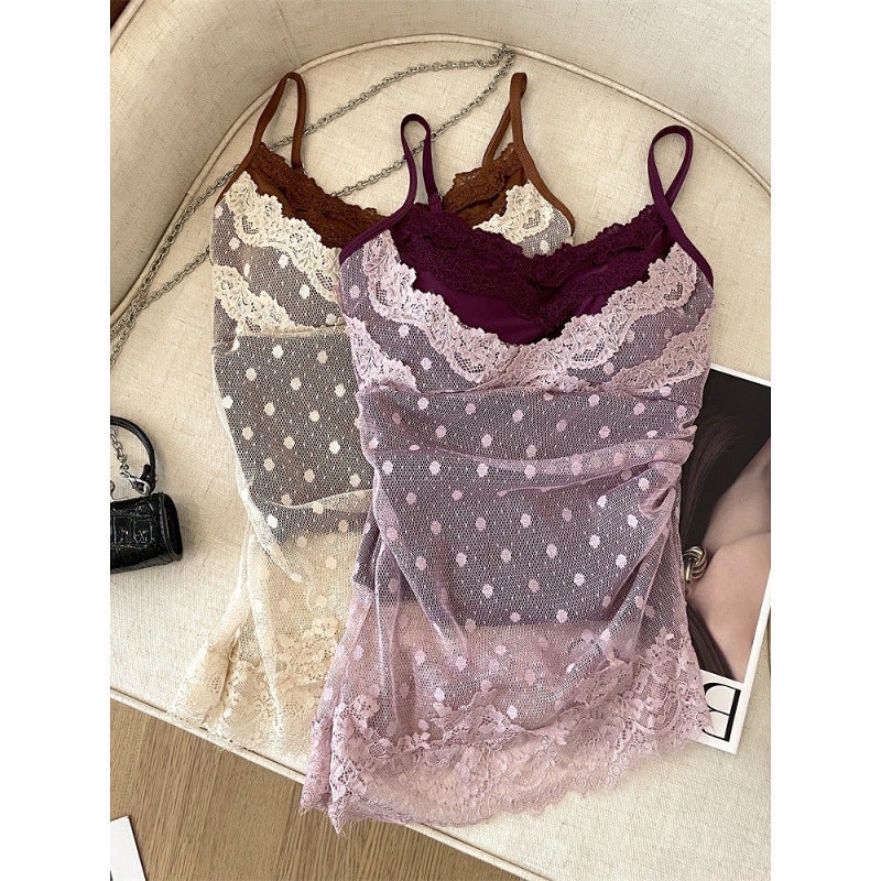Polka Dot Lace Camisole Top with Padded Bust for Women - Image 3