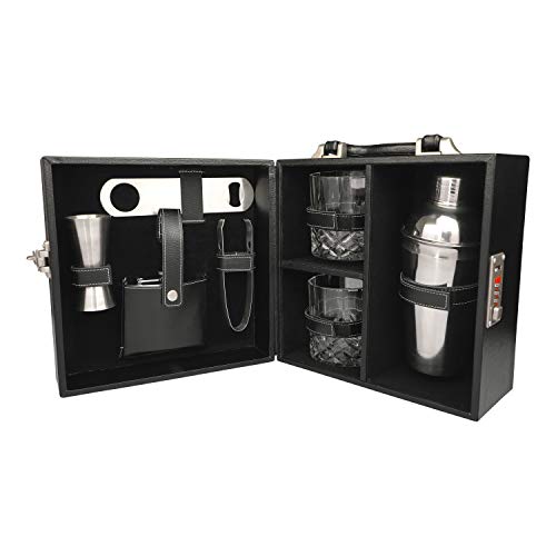Anything & Everything Bar Accessories | Mini Portable Bar Set | Leatherette Bar Set | Bar Set | Barware Set for Picnic | Barware Set for Travel | Barware Set for car | Whiskey Glasses (Black & Black) - Image 1